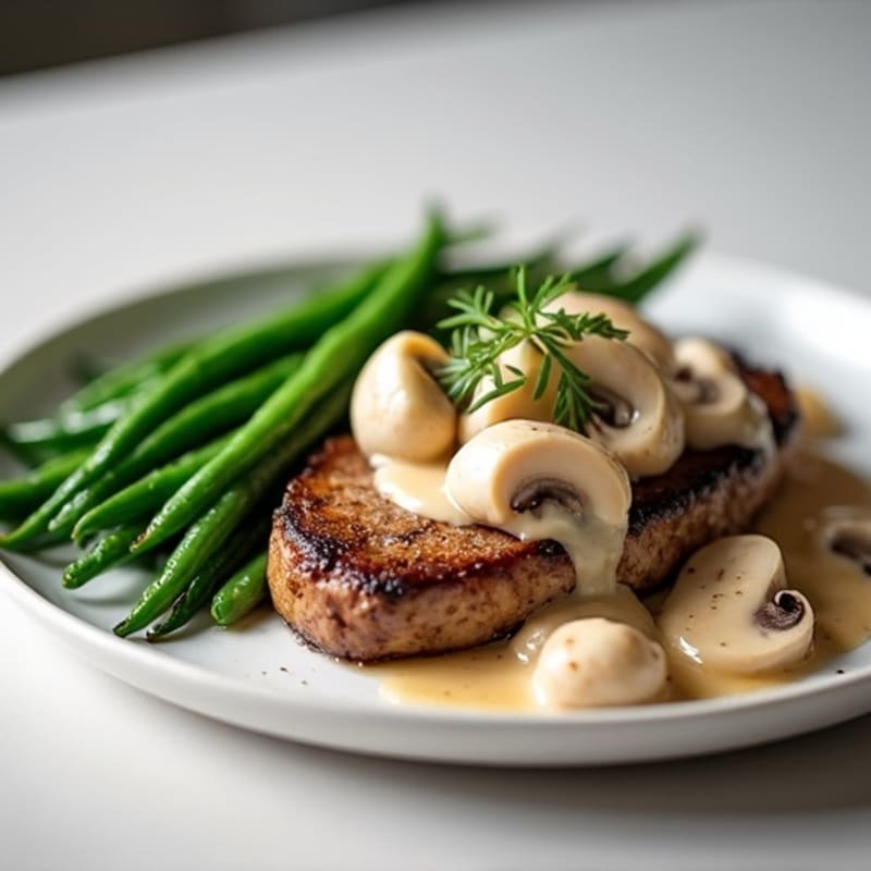 Pan-Seared Sirloin Steak with Creamy Garlic Mushroom Sauce and Steamed Green Beans
