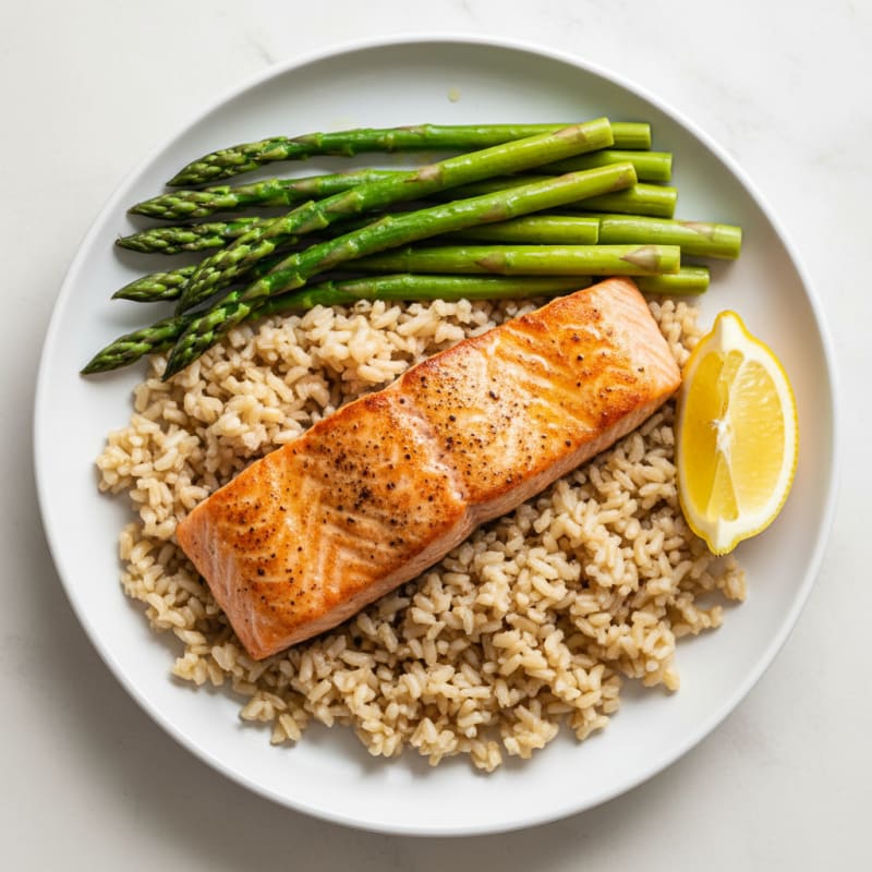 Seared Salmon Fillet with Steamed Asparagus and Brown Rice