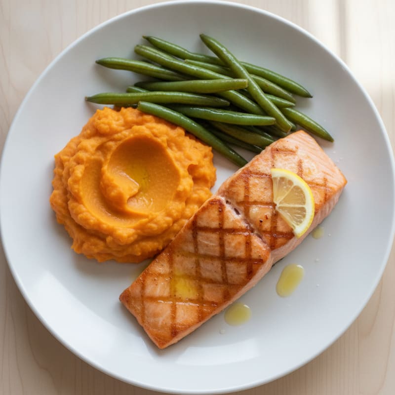 Seared Salmon Fillet with Steamed Green Beans and Sweet Potato Mash