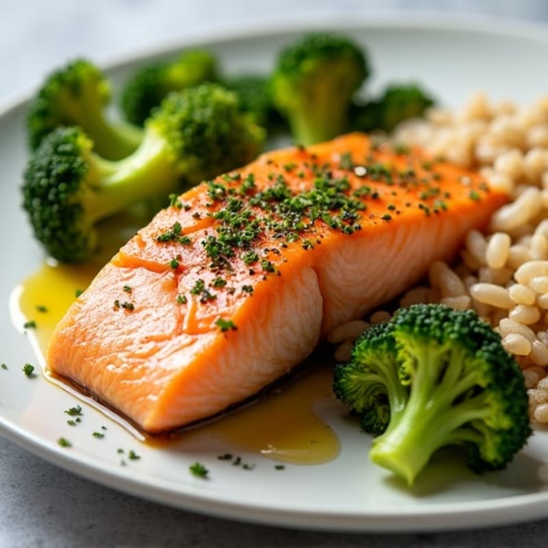 Baked Salmon with Steamed Broccoli and Brown Rice