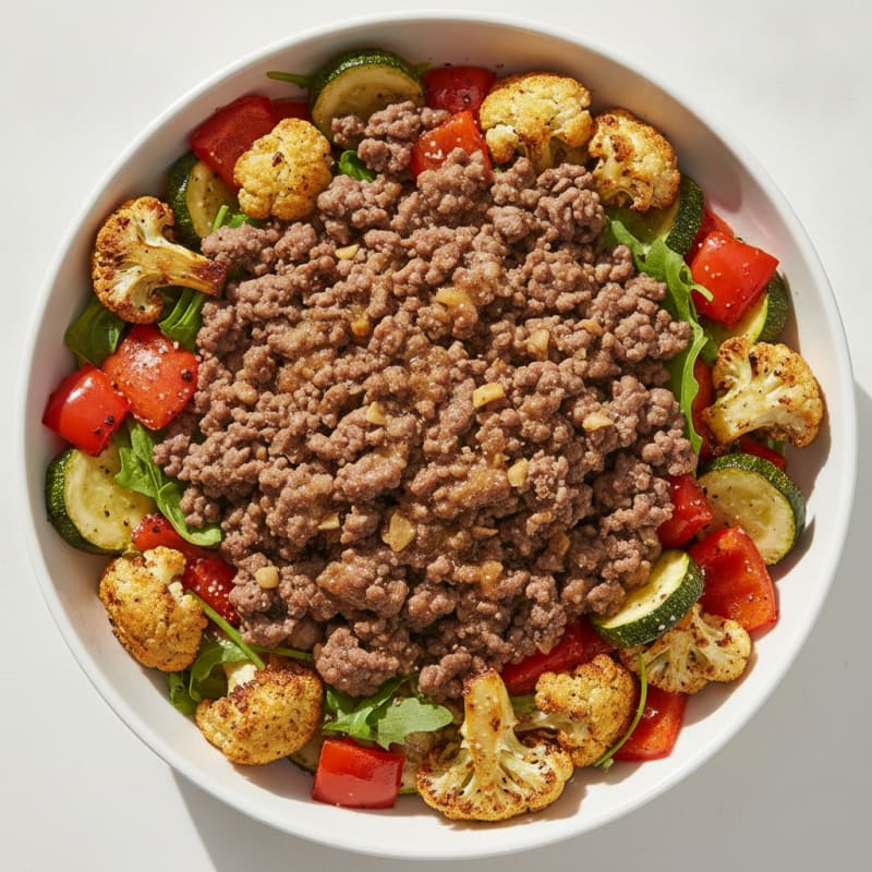 Lean Ground Beef and Roasted Vegetable Bowl