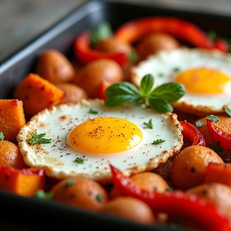 Sheet Pan Roasted Eggs with Crispy Sweet Potatoes and Bell Peppers
