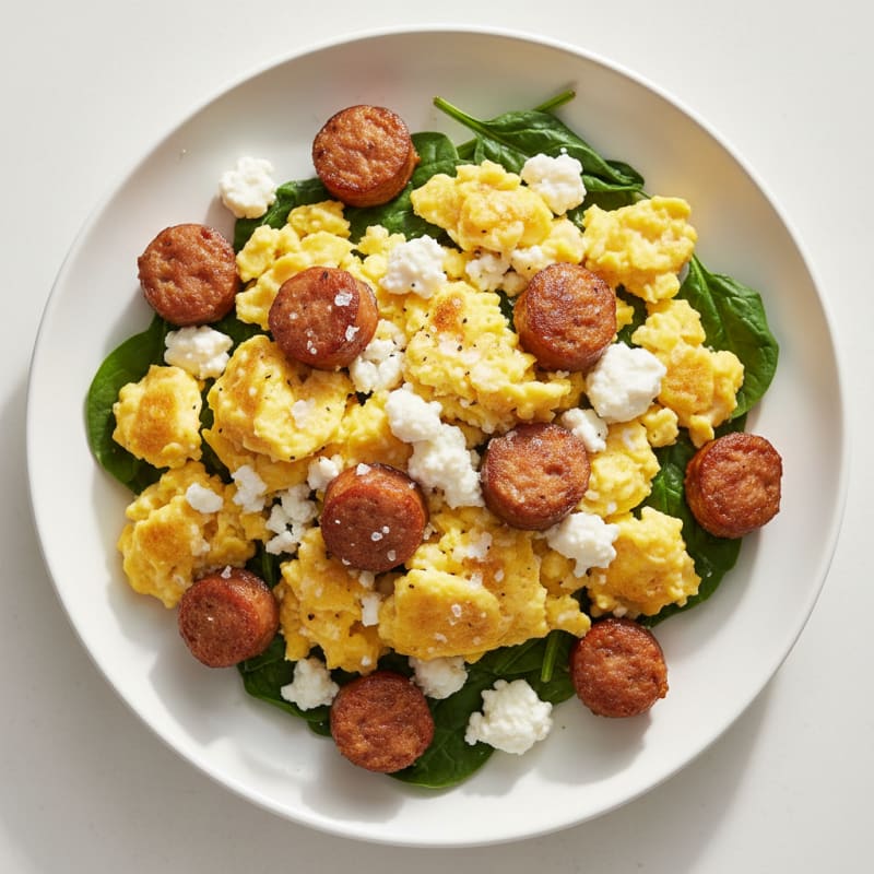 Scrambled Eggs with Cottage Cheese and Turkey Sausage