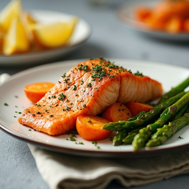 Seared Salmon with Roasted Sweet Potatoes and Asparagus