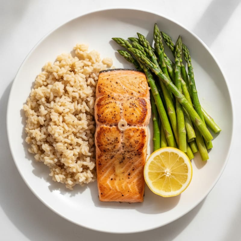 Seared Salmon with Steamed Asparagus and Brown Rice