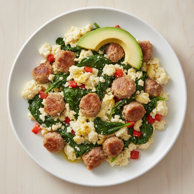Egg White Scramble with Turkey Sausage and Sautéed Spinach