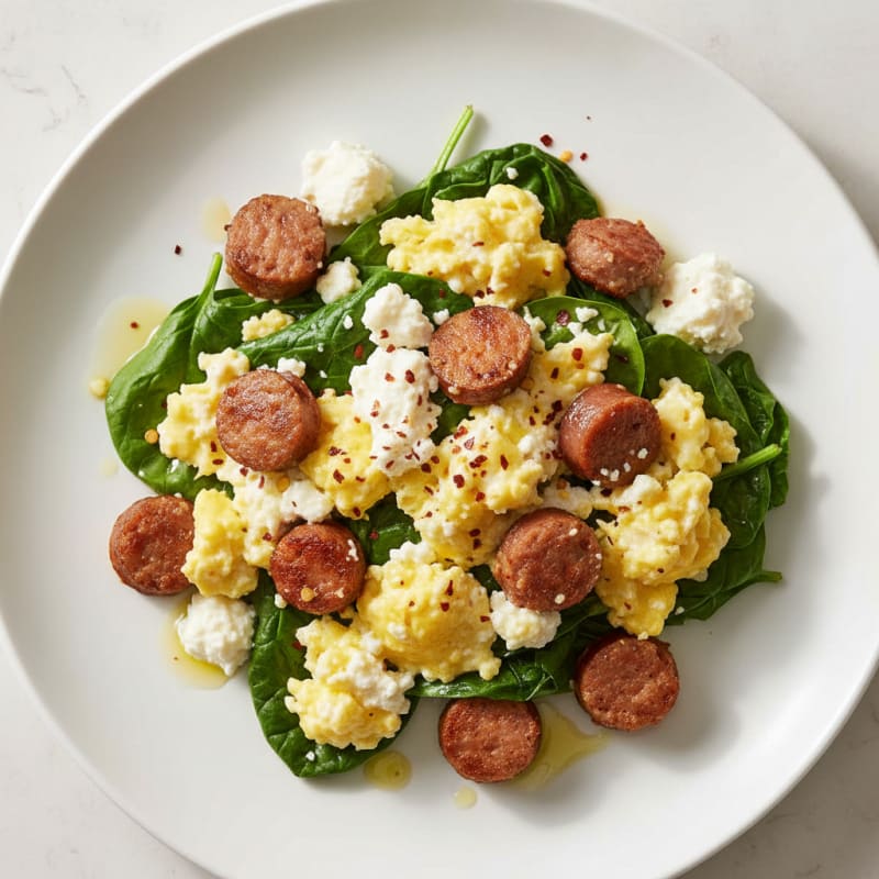 Cottage Cheese Egg Scramble with Turkey Sausage and Spinach