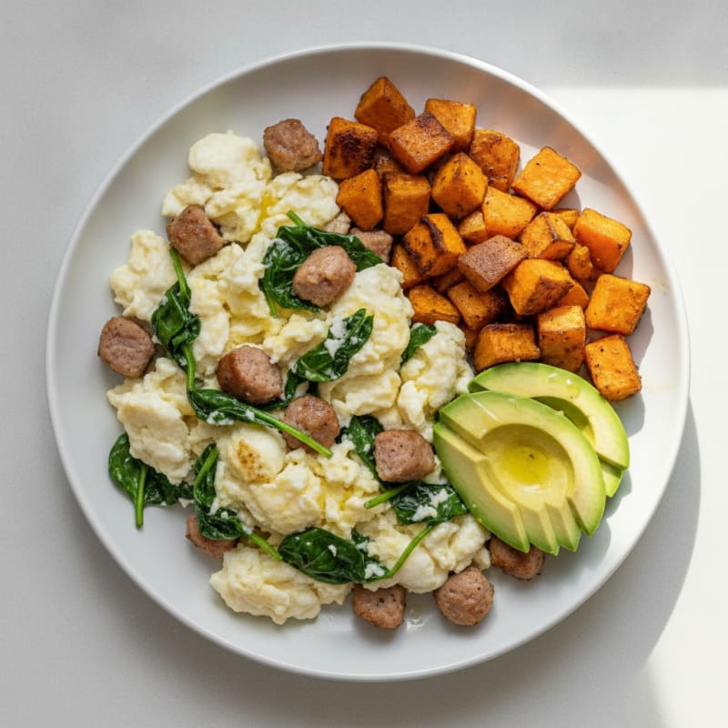 Egg White Scramble with Turkey Sausage and Spinach