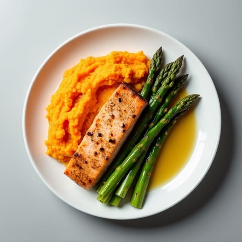 Seared Salmon with Roasted Asparagus and Sweet Potato Mash