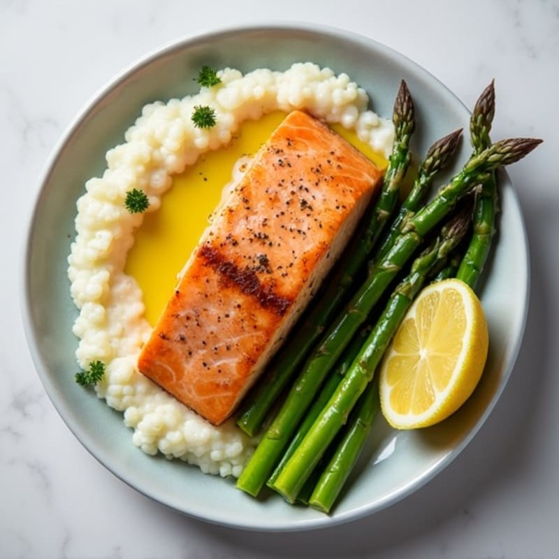 Seared Salmon with Steamed Asparagus and Cauliflower Mash