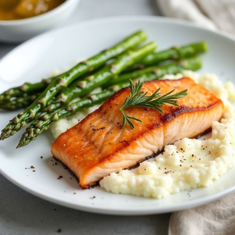Seared Salmon with Steamed Asparagus and Cauliflower Mash