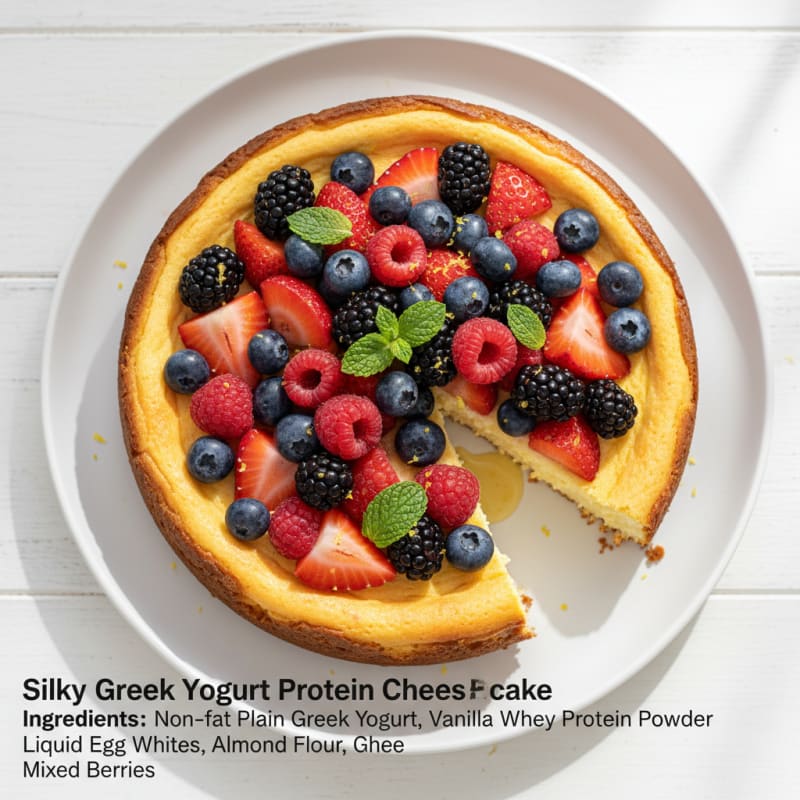 Silky Greek Yogurt Protein Cheesecake with Fresh Berries