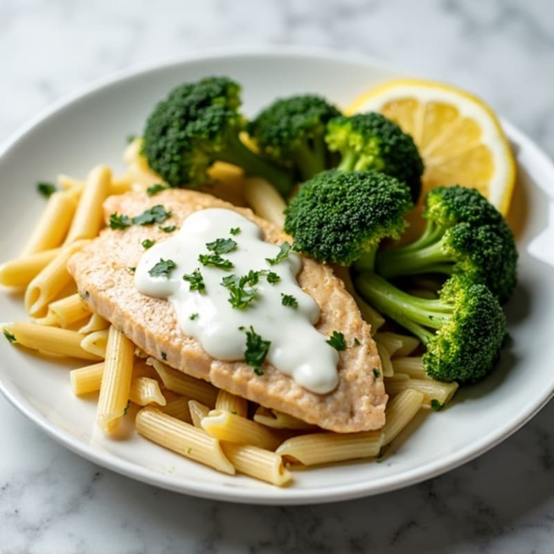 Creamy Lemon Garlic Chicken with Herb-Roasted Broccoli Pasta