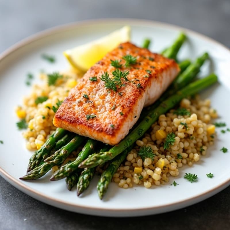 Crispy Pan-Seared Salmon with Roasted Asparagus and Lemon-Herb Quinoa