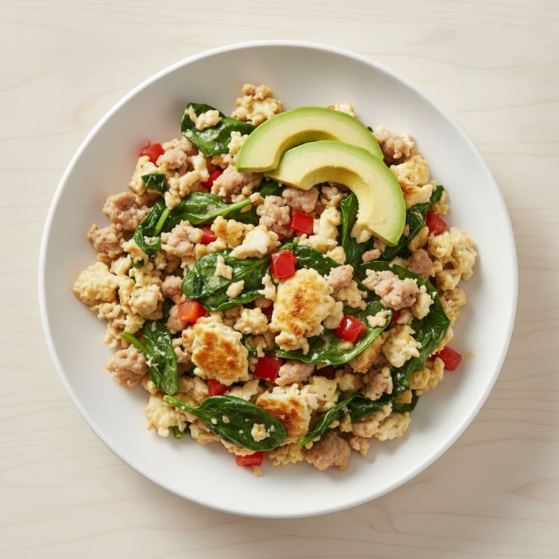 Egg White and Turkey Sausage Scramble with Sautéed Spinach