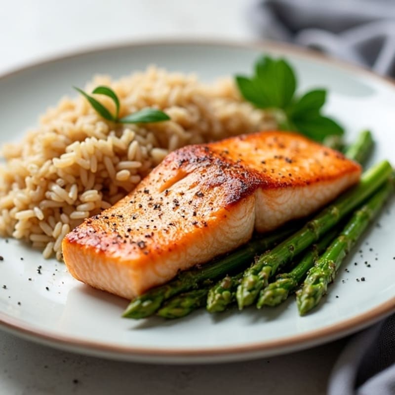 Seared Salmon with Steamed Asparagus and Brown Rice