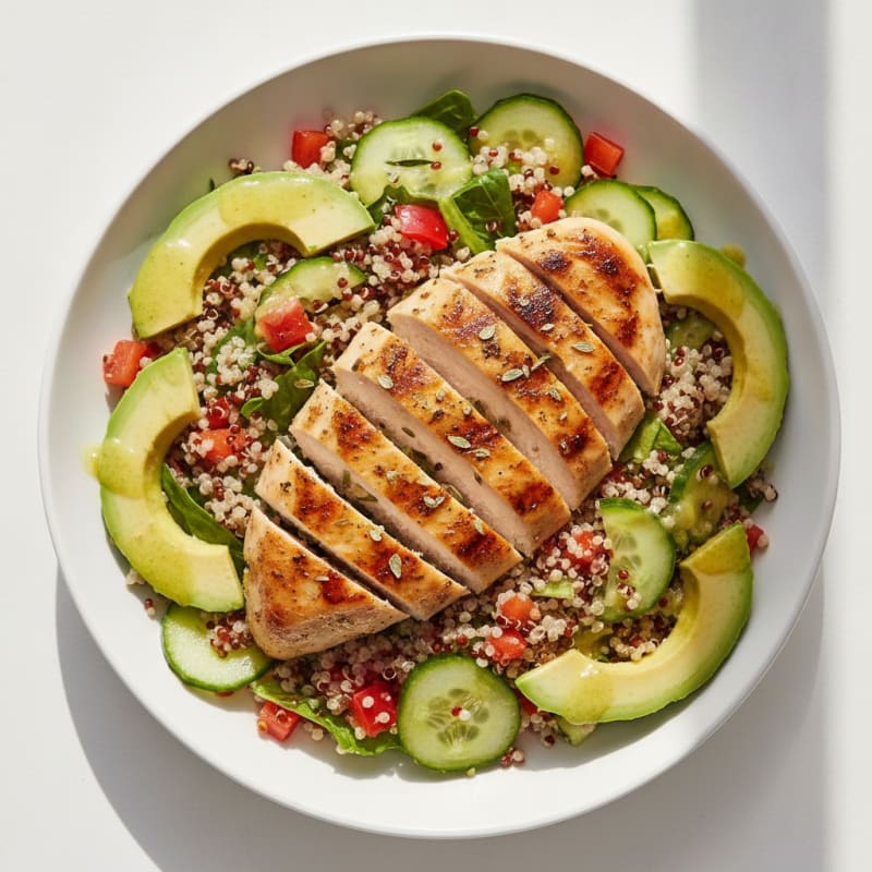 Grilled Chicken Breast with Quinoa and Crunchy Vegetable Salad