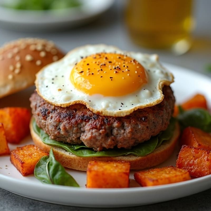 Juicy Lean Beef Burger with Crispy Roasted Sweet Potatoes