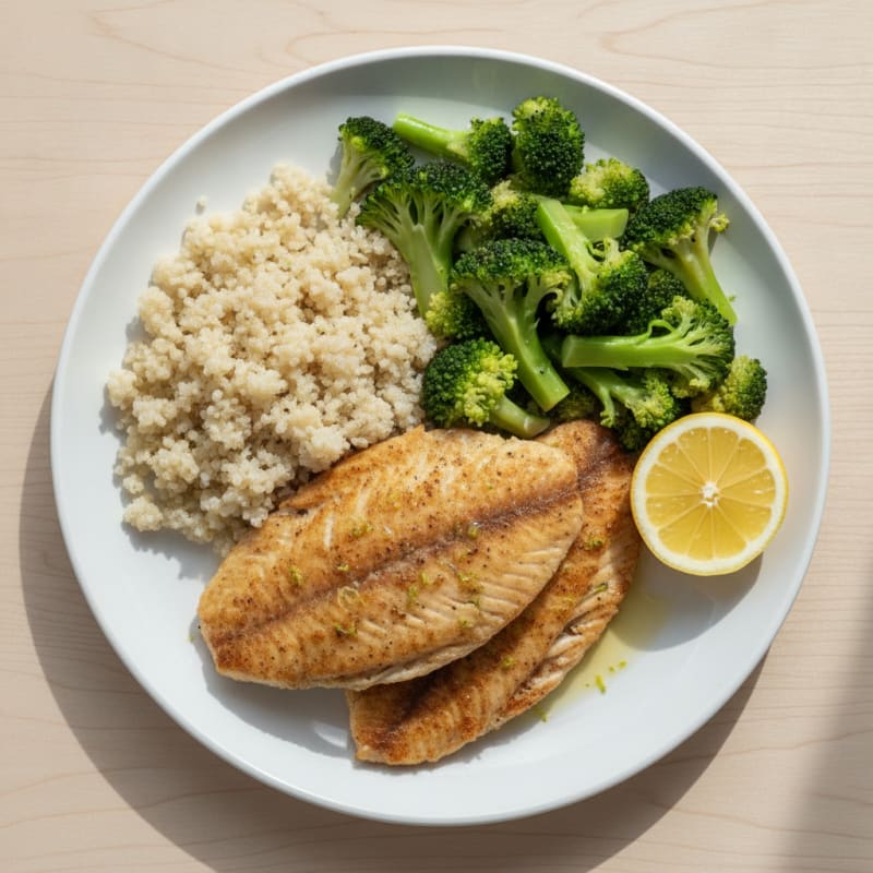 Seared Tilapia with Steamed Broccoli and Quinoa
