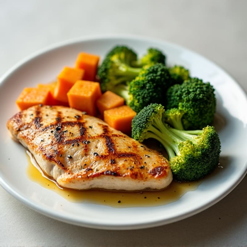 Seared Chicken Breast with Steamed Broccoli and Roasted Sweet Potato