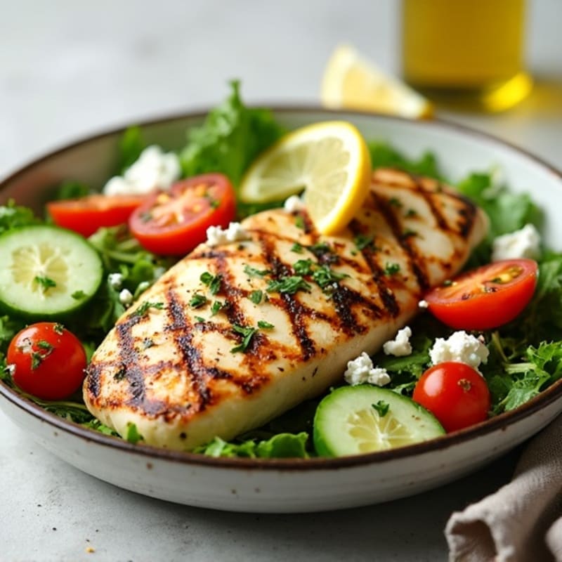 Grilled Lemon-Herb Chicken with Fresh Feta and Crispy Vegetable Salad