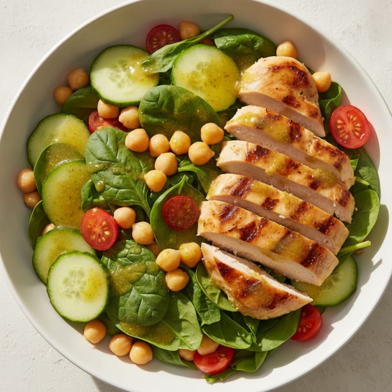 Grilled Chicken Salad with Baby Spinach and Chickpeas