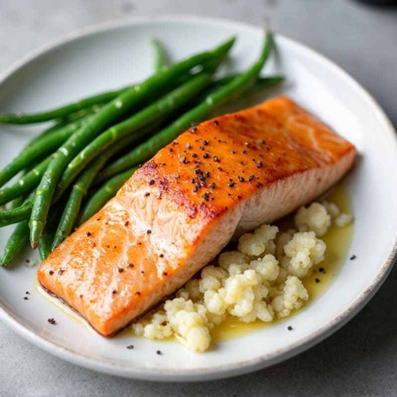 Seared Salmon with Steamed Green Beans and Garlic Mashed Cauliflower