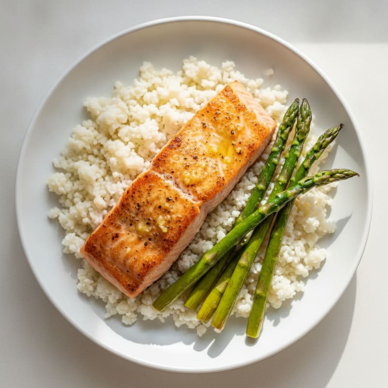 Seared Salmon Fillet with Roasted Asparagus and Cauliflower Rice