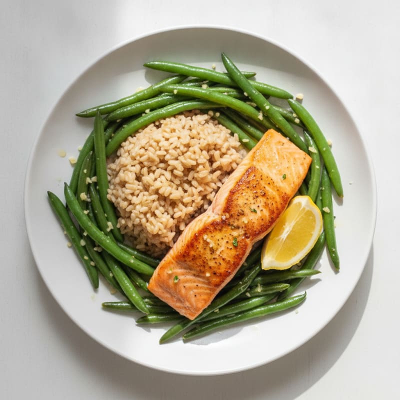 Seared Salmon with Garlic Green Beans and Brown Rice