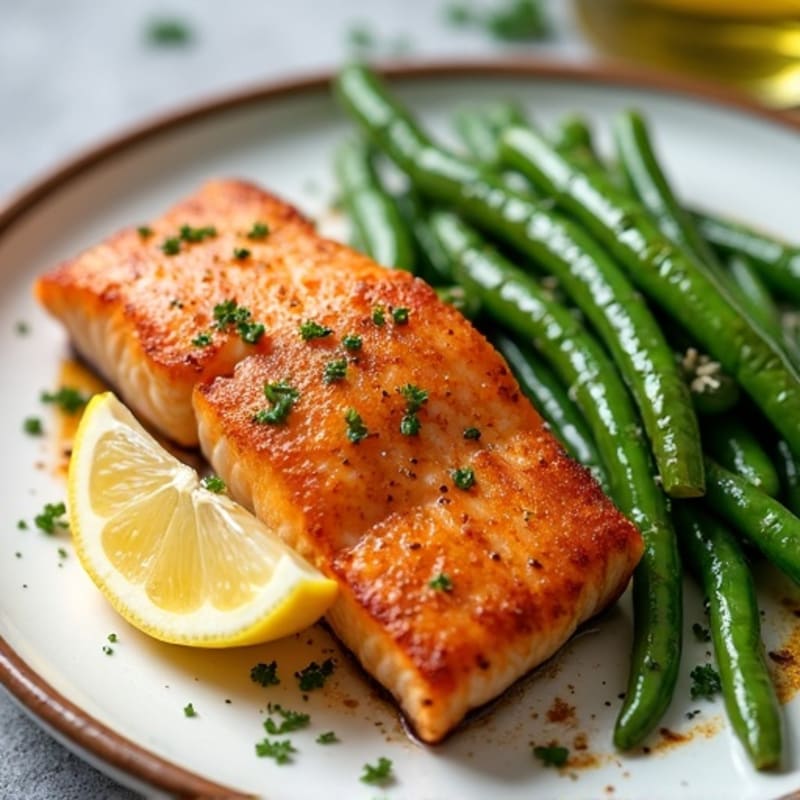 Crispy Air-Fried Salmon with Lemon-Garlic Green Beans