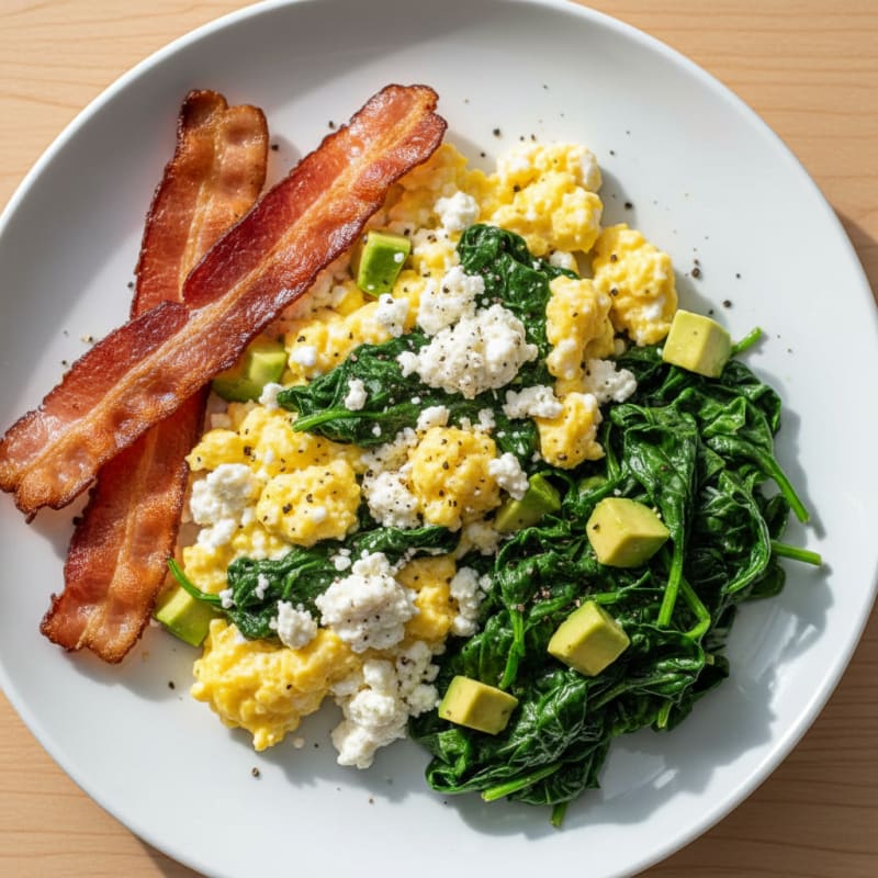 Cottage Cheese Egg Scramble with Sautéed Spinach and Turkey Bacon