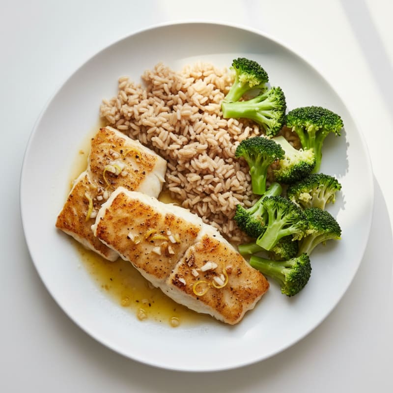 Baked Lemon Garlic Cod with Steamed Broccoli and Brown Rice