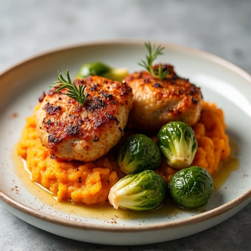 Crispy Pan-Seared Chicken Thighs with Roasted Brussels Sprouts and Sweet Potato Mash