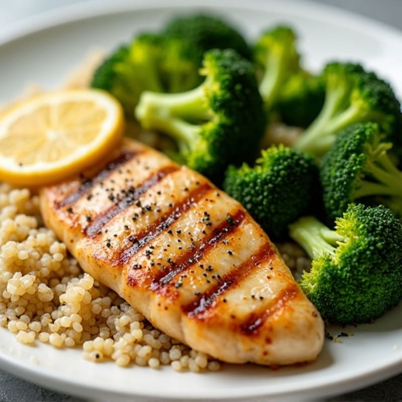 Grilled Lemon Chicken Breast with Quinoa and Steamed Broccoli