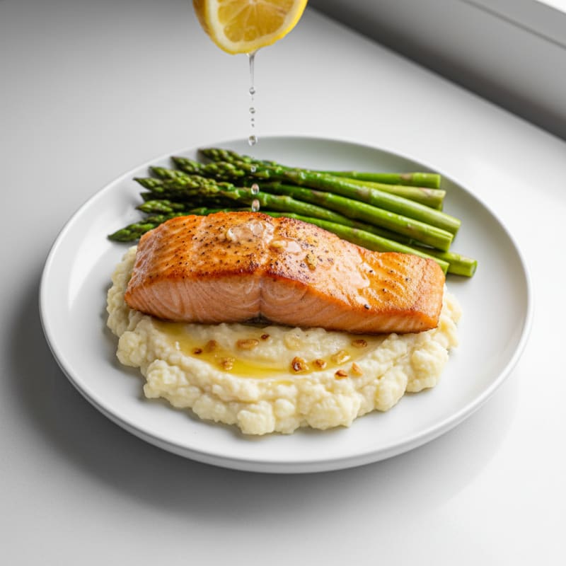 Seared Salmon with Steamed Asparagus and Cauliflower Mash