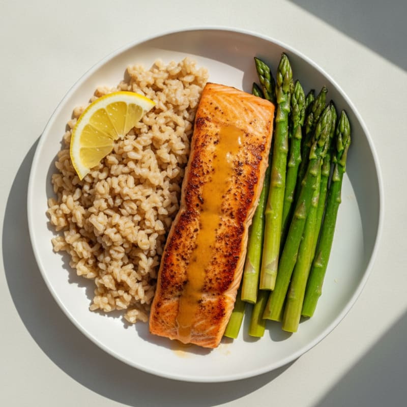 Seared Salmon with Steamed Asparagus and Brown Rice