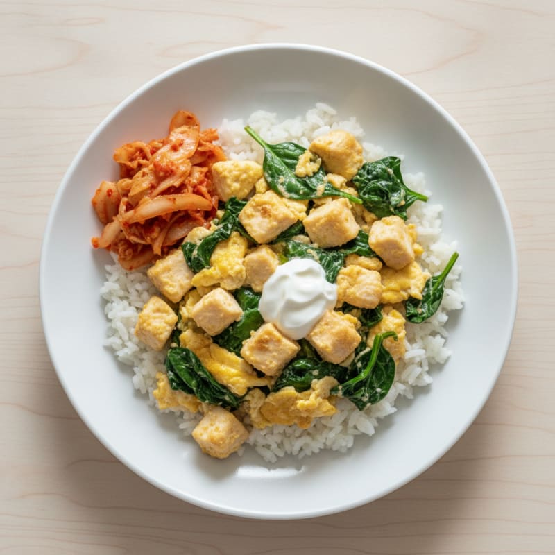 Creamy Chicken Scramble with Sautéed Spinach and Rice