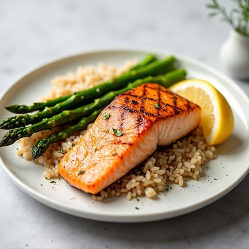 Seared Salmon with Steamed Asparagus and Brown Rice