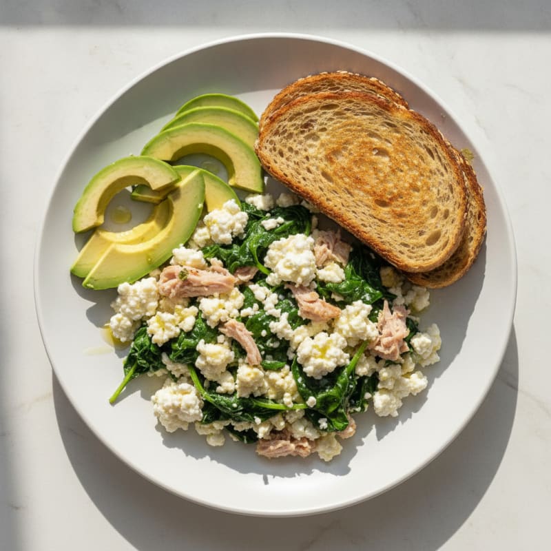 Cottage Cheese Egg White Scramble with Spinach and Smoked Turkey