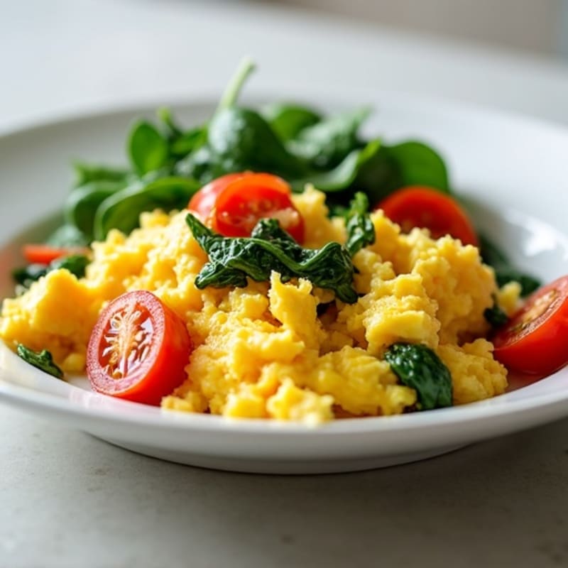 Fluffy Egg Scramble with Sautéed Spinach and Cherry Tomatoes