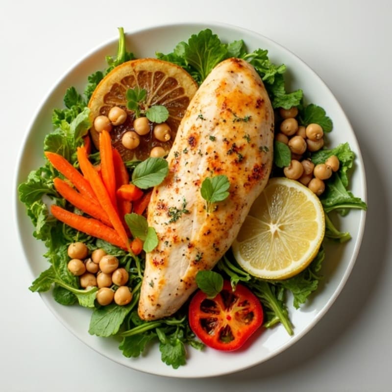 Lemon Herb Roasted Chicken Salad with Fresh Greens, Chickpeas, and Crunchy Vegetables
