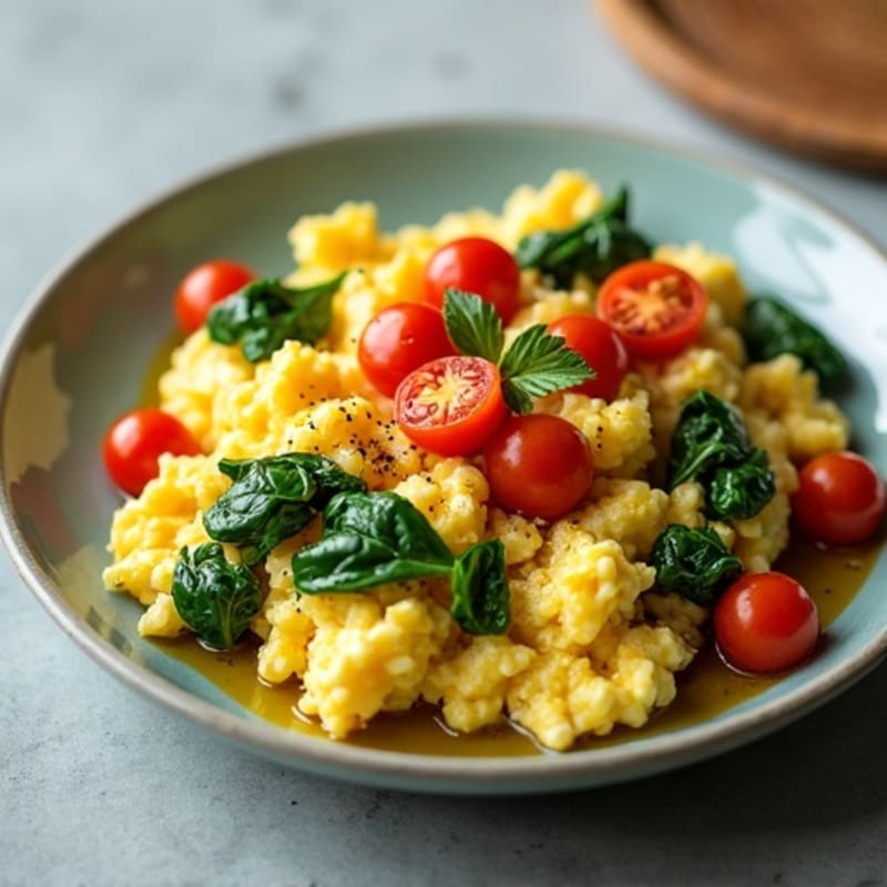 Fluffy Scrambled Eggs with Fresh Spinach and Cherry Tomatoes