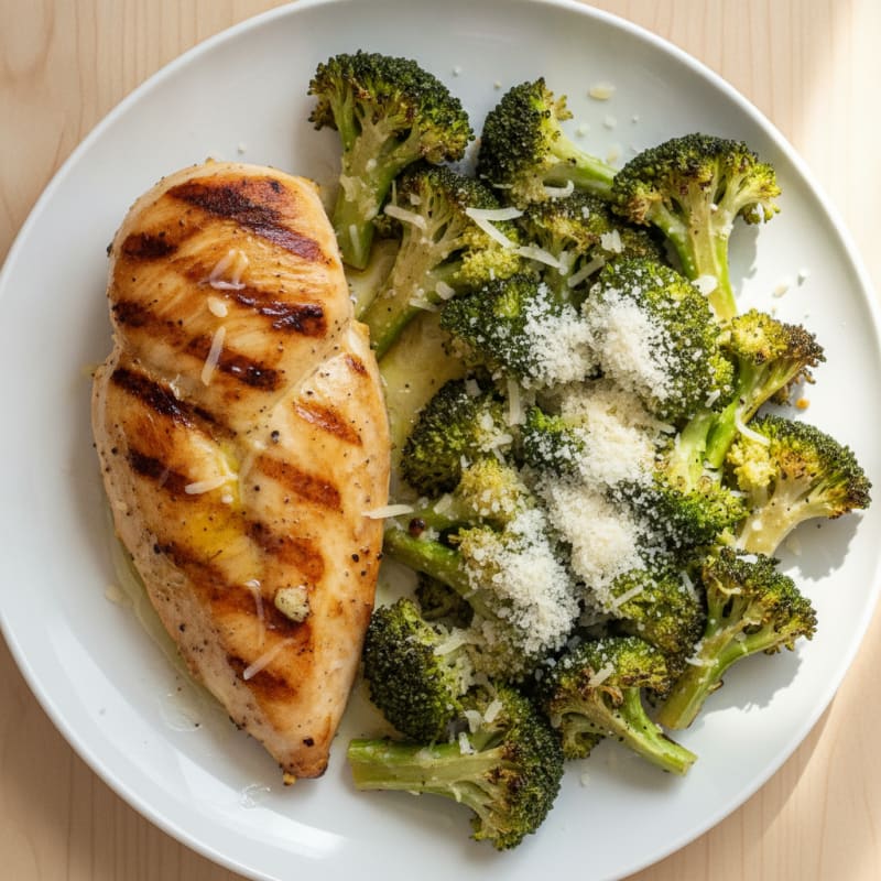Grilled Chicken Breast with Roasted Broccoli and Parmesan