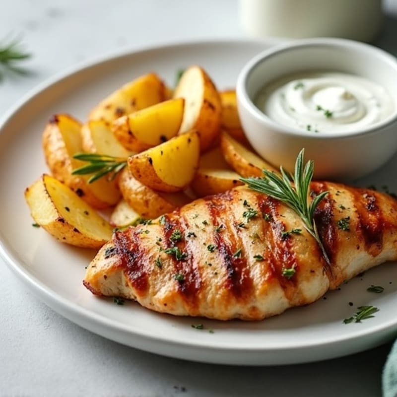Crispy Herb-Roasted Potato Wedges with Garlic and Protein-Packed Chicken with Greek Yogurt Dip