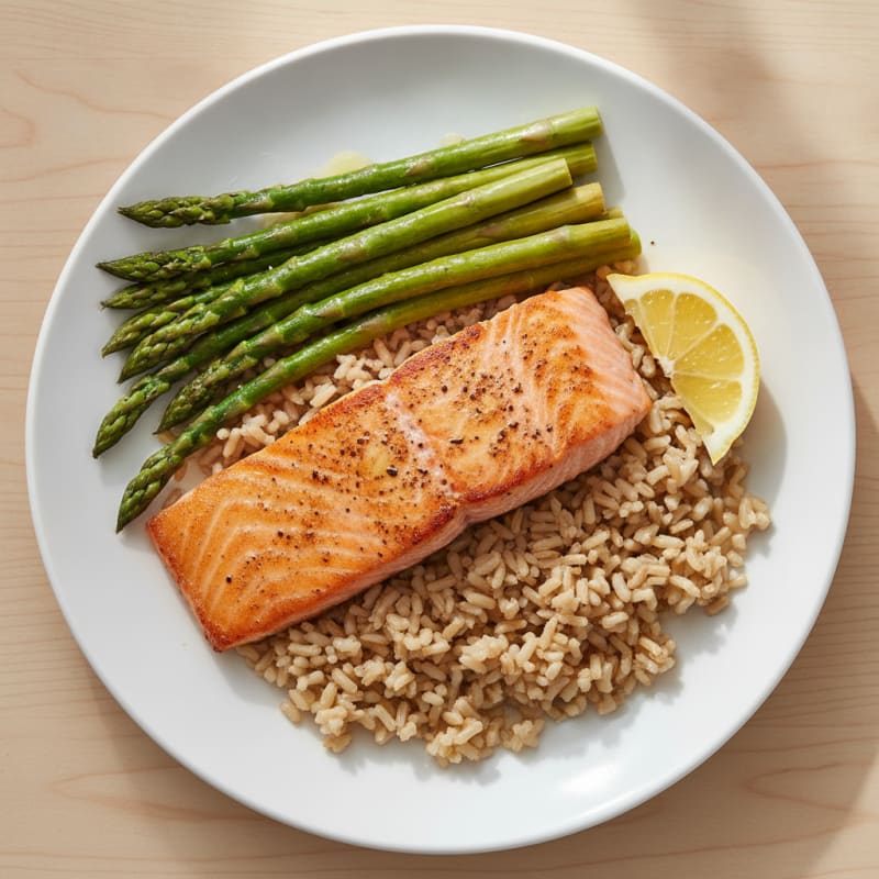 Seared Salmon Fillet with Steamed Asparagus and Brown Rice