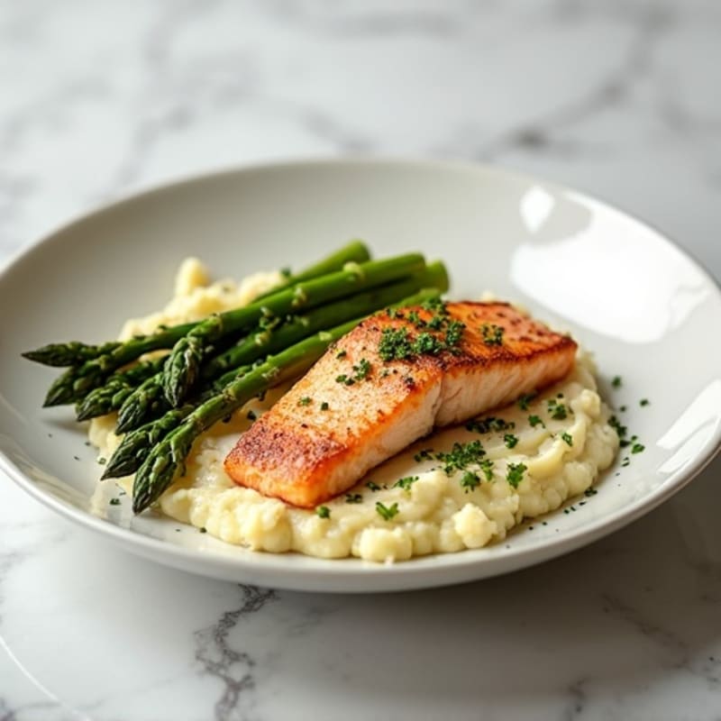 Seared Salmon with Roasted Asparagus and Cauliflower Mash