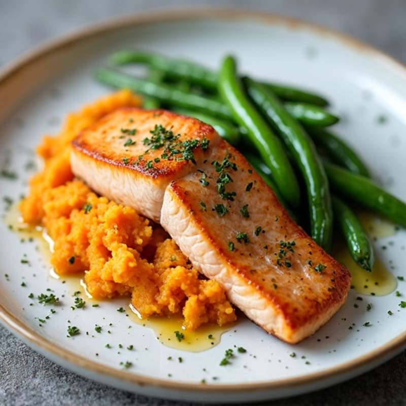 Seared Salmon with Garlic Green Beans and Sweet Potato Mash