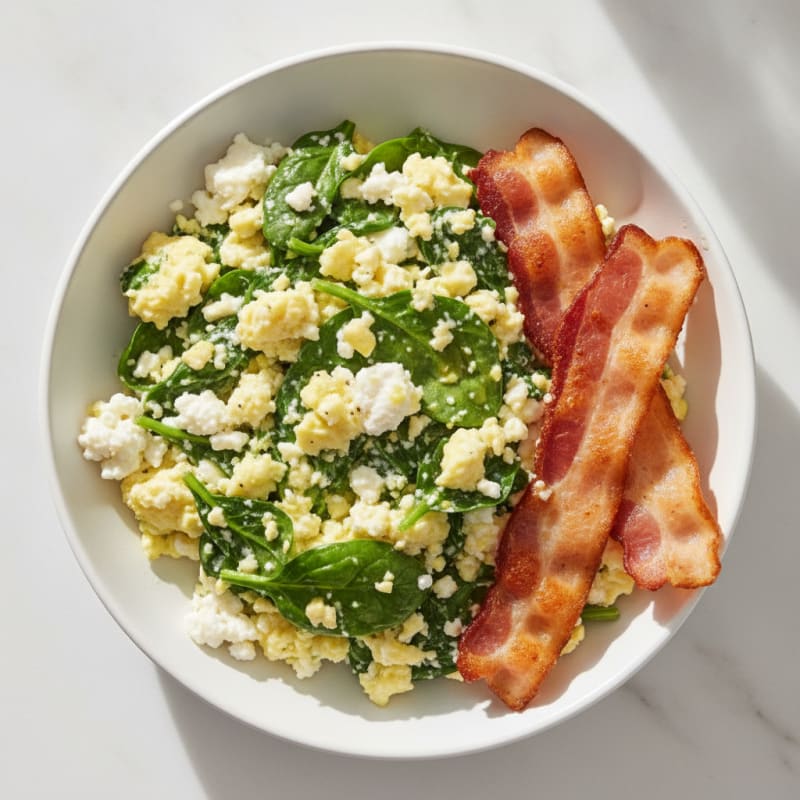 Cottage Cheese Egg Scramble with Spinach and Turkey Bacon