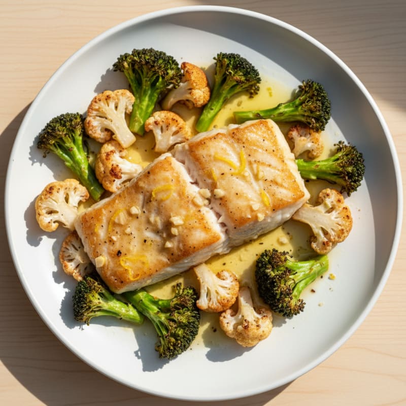 Seared Cod with Roasted Broccoli and Cauliflower