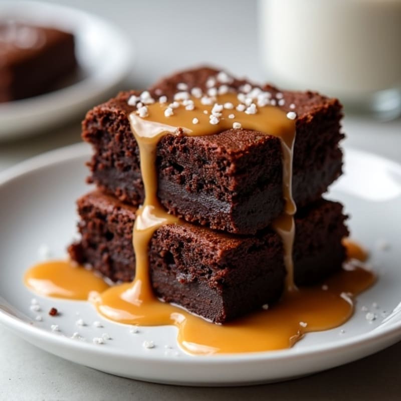 Fudgy Dark Chocolate Protein Brownies with Sea Salt Caramel Drizzle